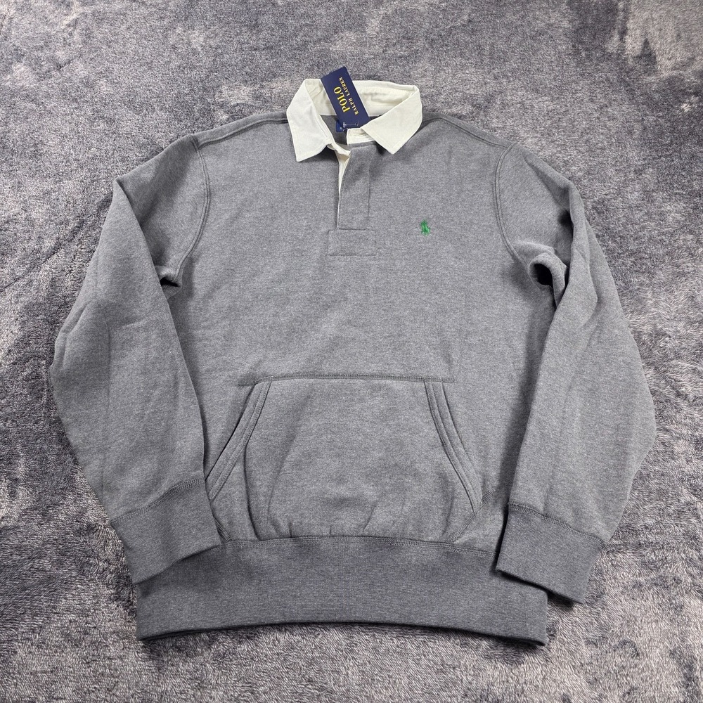 Polo Ralph Lauren Rugby Fleece Shirt Mens S Gray Pony Pouch Pocket Sweater